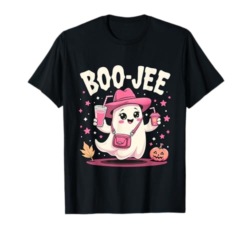 Boo Jee Spooky Cow Ghost Pink Halloween Calabaza Mujeres Niñas Camiseta