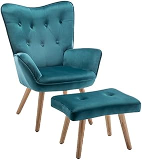 Armchair Living Room Chair, HollyHOME Velvet Accent Chair with Footstool Lounge Leisure Chairs, Reading Chair Bedroom Chair, Teal