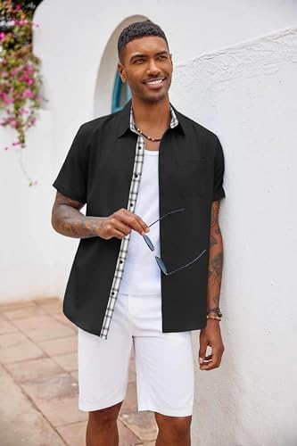COOFANDY Men's Button Down Shirts Short Sleeve Casual Shirts Summer Beach Shirts Vacation Wedding Shirts with Pocket Black - 3