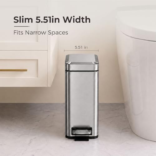 Image of Sineng Bathroom Trash Can with Lid Soft Close, 1.6 Gallon Stainless Steel Small Pedal Garbage Can with Removable Inner Bucket, Waste Bin for Kitchen Bedroom, Compact Toilet Trash bin
