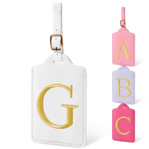 Image of Initial Luggage Tags for Suitcases, Cute Embroidered Letter Luggage Bag Suitcase Identifier Name Baggage Tag, PU Leather Travel Luggage Tags, Bag Tags for Men Women Kids Luggage Handbags(White G)
