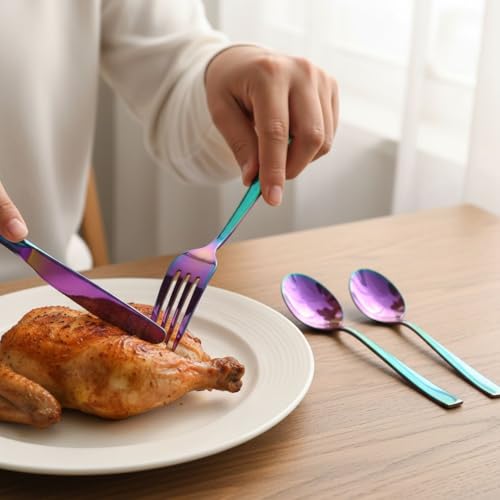 Image of 15 Pcs Rainbow Cutlery Set for Dining Table the Perfect Mirror Polish Hevy Duty Tableware Including Dinner Spoon, Dinner Fork, Dinner Knife, Dessert Spoon & Dessert Fork