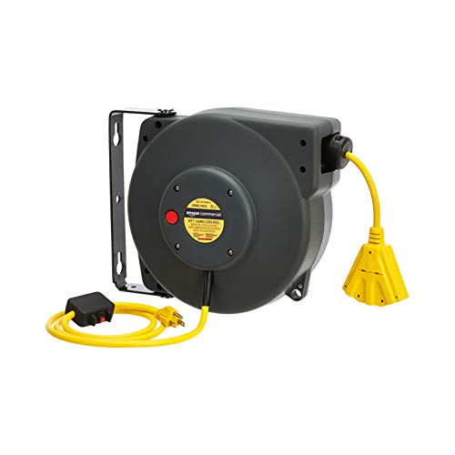 AmazonCommercial Extension Cord Reel Heavy Duty Retractable 14AWG x 40' Feet Industrial Grade 3C/SJT Cable with Triple Tap Connector and Swivel Bracket Power Rating 13A 125VAC 1625W 60Hz AmazonCommercial Extension Cord Reel Heavy Duty Retractable 14AWG x 40' Feet Industrial Grade 3C/SJT Cable with Triple Tap Connector and Swivel Bracket Power Rating 13A 125VAC 1625W 60Hz