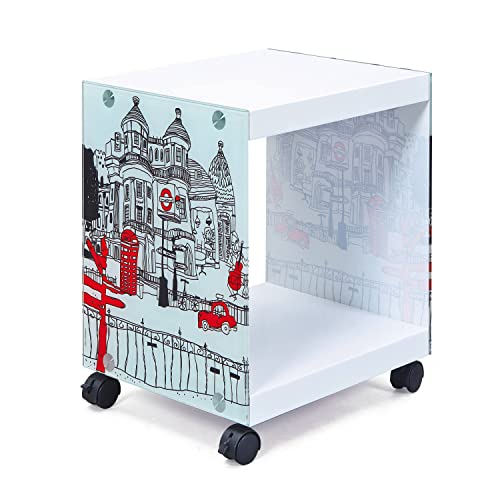 Dmora Table de Chevet avec Roues en Bois Blanc avec Motif Londres, 38 x 33,5 x 46 cm