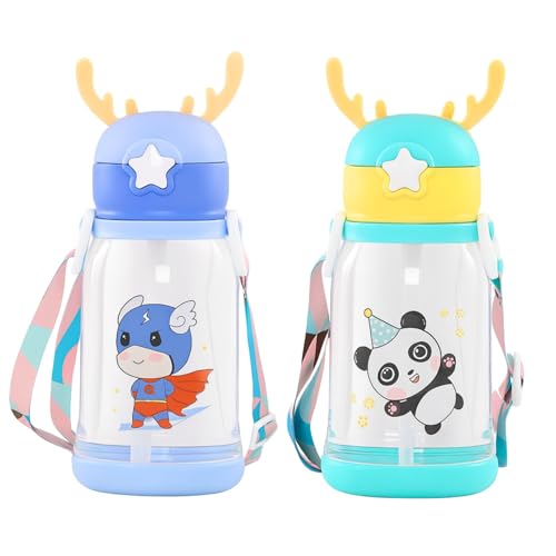 Image of Antlers BPA Free Reusable Leak Proof Silicon Transparent Water Bottle 600ml with Strap for Kids School- Pack of 2 (Blue & Green)