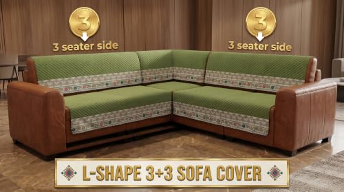 Image of KINGLY L-Shape Sofa Cover 6 Seater 3+3 Velvet Full Cover - Olive Green | Fully covered quilted velvet slipcover, washable anti-slip furniture protector, L-type corner sofa cover for living room