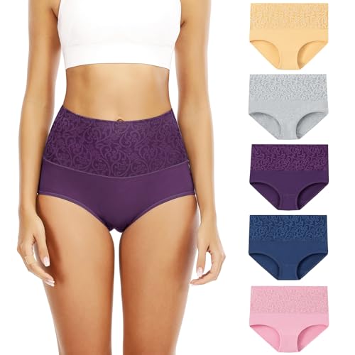 Senllori Damen-Unterwäsche, hohe Taille, Baumwolle, Bauchkontrolle, weiche volle Abdeckung 5 Pack Mehrfarbig Größe L