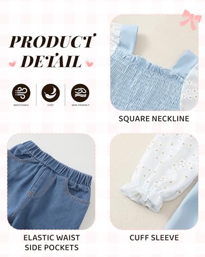 Image of Kucnuzki Toddler Kids Girl Clothes Long Sleeve Shirt Tops Baggy Jeans Cute Pants Set Baby Girl Outfit 2 Piece Clothing