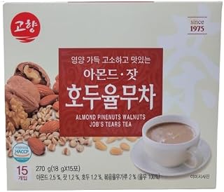 Korean Almond Pine Nuts Walnuts Job’s Tears Tea 율무차 Nutty and Creamy Traditional Korean Grain Tea, Caffeine Free Instant Stick Mix for Breakfast or Snack (15 Sticks, 270g Total) | DAHLORE