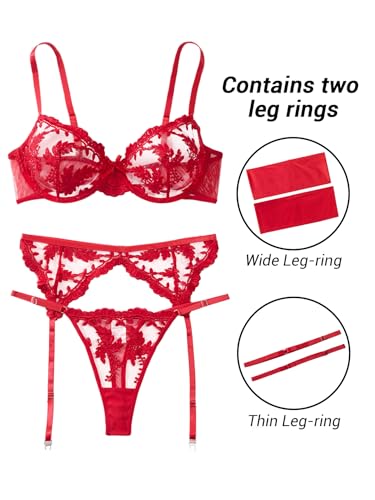 Image of Lilosy Sexy Leaf Floral Embroidered Mesh Sheer Women Underwire Push Up Lingerie Set