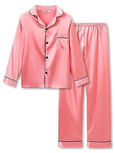 Beezizac Little & Big Girls Pajama Set Size 10 - Coral Satin Silky Cute Fall Winter Long Outfit