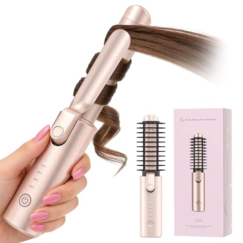Otichannel Cordless Hair Curling Iron Brush 3-in-1 Portable Hair Curler for Travel 7000mAh USB Rechargeable Straightener Wand 200 Million Negative Ions Mini Curling Tool with Safety Lock Pink