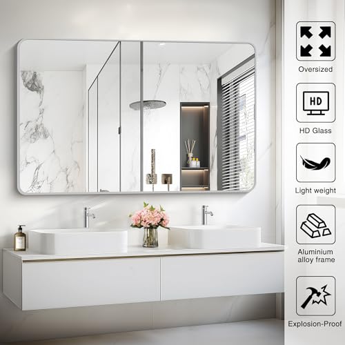Image of 55x36 Inch Silver Bathroom Mirror, Large Rectangular Vanity Mirror, Metal Framed Rectangle Mirror, Rounded Corner Wall Mounted Mirrors for Living Room Bedroom Entryway Horizontal or Vertical