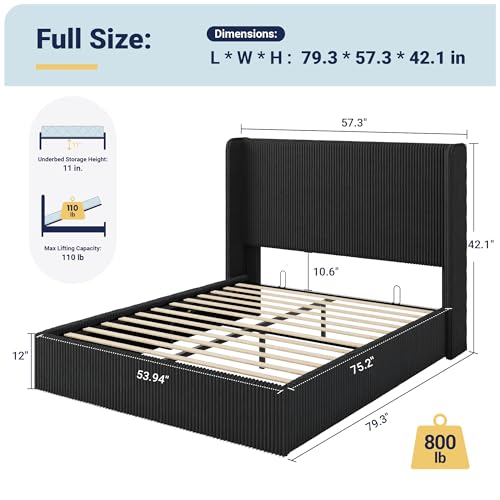 Image of Allewie Full Lift-Up Storage Bed Frame, Corduroy Wingback Headboard, Black