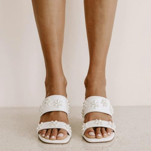 XYD Women Pearl Flower Block Sandals for Bride Wedding Open Toe Mid Heel Mules Double Strap Dress Shoes4