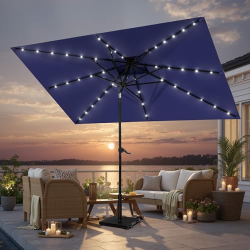 Image of 10FT Solar LED Patio Umbrella with Base included, 42 LED Lights & 43 lbs Concrete Umbrella Stand with Wheels, Fade-resistant, Double Top Ventilation & Manual Tilt for Garden, Deck & Pool