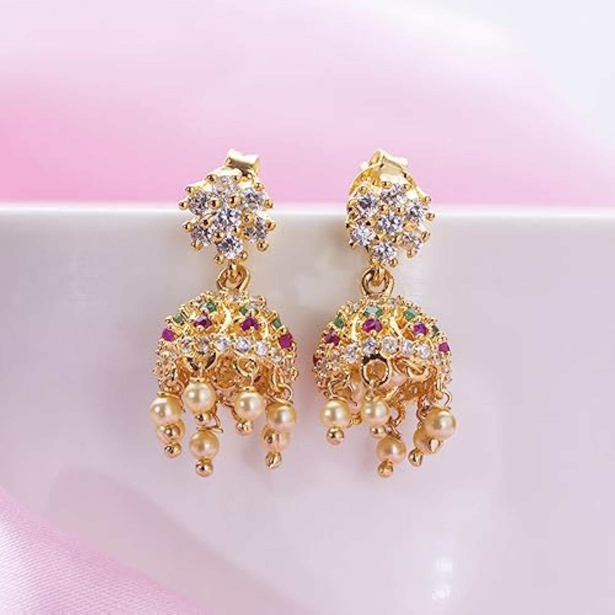 Women's 925 Sterling Silver Colourful Stone CZ Jhumka Earrings