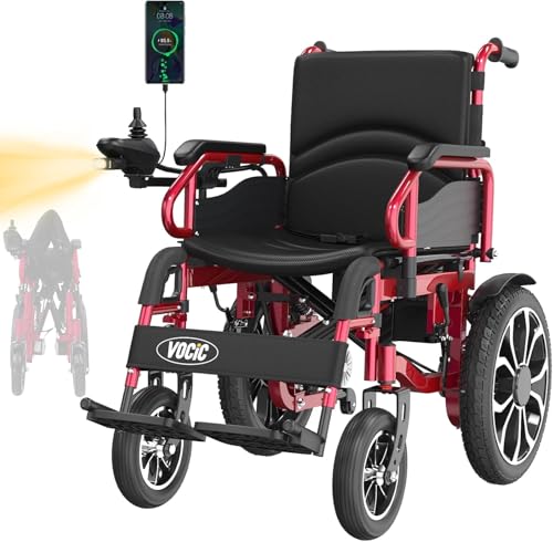 VOCIC V56 Silla de ruedas electrica plegable ligera 150KG,30KM silla ruedas electrico estable con neumáticos de goma 40CM para todos los terrenos,Aprobado por la aerolínea,Garantía de 5 años (Rojo)
