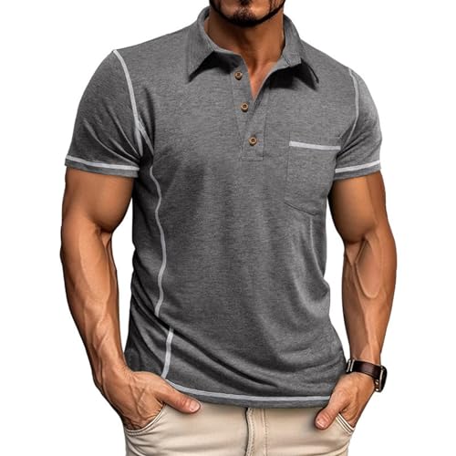 Mens Casual Polo Shirts Athletic Short Sleeve Classic Button Tees Slim Fit Shirt with Pocket