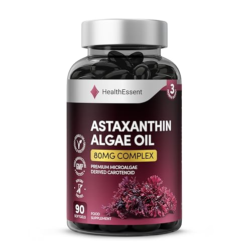 HealthEssent Astaxanthin High Strength Algae Oil 80mg Complex - Microalgae Carotenoid from Haematococcus Pluvialis - 90 Vegan Softgel Capsules - Antioxidant Supplements for Skin & Eyes Non-GMO