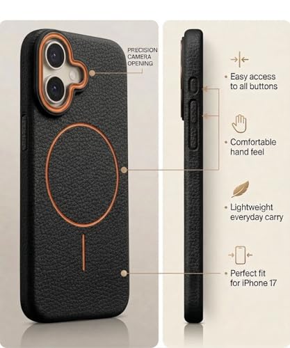 Image of amazon basics Luxury MagSafe Compatible Leather Texture Back Cover for iPhone 16 | Raised Camera Protection | Slim Fit Shockproof Case with Metallic Accents (Black)