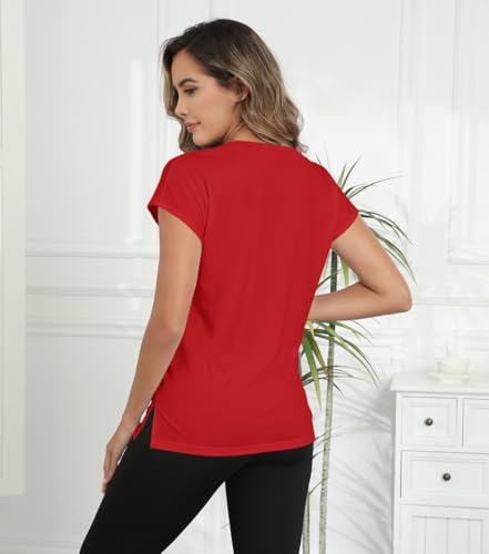 Smile Fish Womens Summer Short Cap Sleeve Shirts Solid Loose Fit Pocket Tunic Tops4