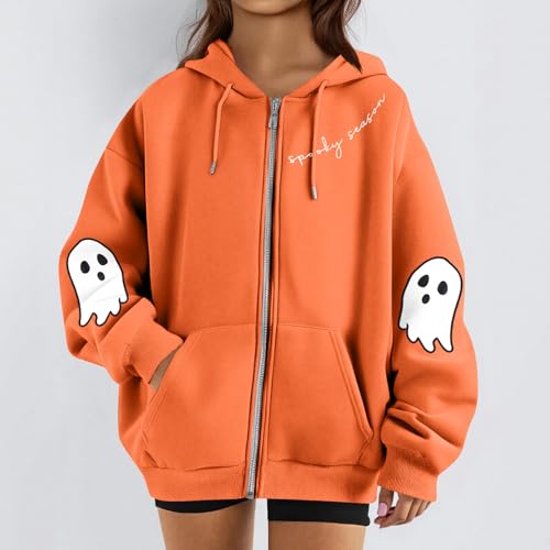 Zip Up Hoodie Women Oversized Halloween Graphic Fleece Jacket with Pockets Funny Ghost Spooky Season Sweatshirt3