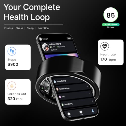 Image of Leaf Halo Smart Ring | Health Tracker | Sleep, Fitness, Stress | Includes 30+ Workout Modes | Battery upto 10 Days | Buy Sizing Kit First | Track Steps, HRV, SPO2 & Periods | Carbon Black - Size 9
