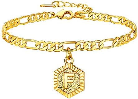 U7 Charming Gold Plated Initial A-Z Ankle Bracelets for Women Girls, Figaro/Marine Chain with Hexagon Shape Pendant, Lobster Claw, Ladies Foot Chain Anklet Jewellery Accessory in Summer Beach Party, Engrave Text Available, Chain Length 8.5" to 10.5" Box