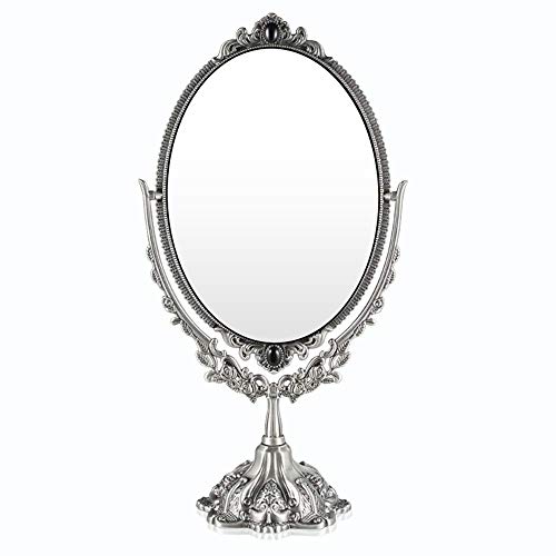Luckymoo Vintage Double Face Retro Bronze Alloy Metal Table Makeup Dresser Desktop Decorative Mirror Embossed Frame Makeup Tool (Antique Pewter) #TOP3
