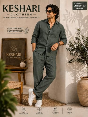 Image of Men's Premium Linen Co-Ord Set | Regular Fit Full Sleeve Solid Shirt with Drawstring Trouser | Breathable Linen Casual Outfit for Summer, Travel, Beach, Vacation & Daily
