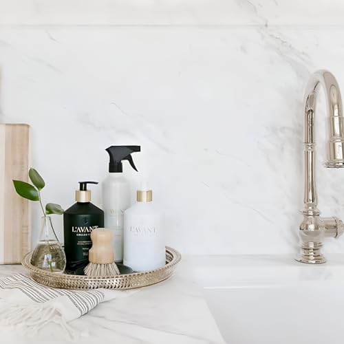 Image of L'AVANT Collective Luxury Home Essentials | High Performing Dish Soap, Hand Soap, Multipurpose Cleaner Spray, Scrub Brush, Lucite Tray | Luxurious Ingredients Reusable Bottles (Fresh Linen)