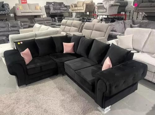 Verona Chesterfield Corner Sofa Range | 2c2 3c2 2c1 and fabrics available | Corner Sofa Living Room UK Upholstered | (4 Seater, Left hand Corner, Black Plush)