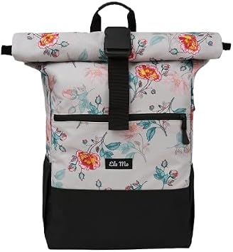 Ela Mo® Rolltop Rucksack Damen - Rollrucksack Anti Diebstahl für Sport & Reisen - Laptoprucksack für Schule, Uni, Business - Mit USB Anschluss & kompaktem Flaschenhalter - Roses For You