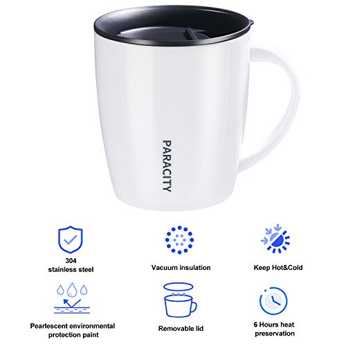 Paracity Stainless Steel Coffee Mug Insulated Coffee Mug With Lid And Handle Double Wall Vacuum Travel Mug Tumbler Cup Great For Hot And Cold Beverages 12 Oz White #TOP1