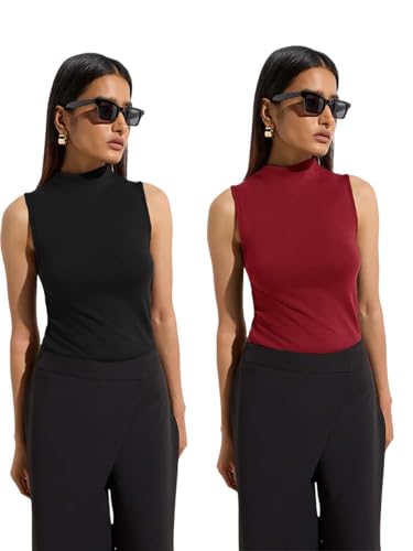 Image of KOTTY Women's Sleeveless High Neck Ribbed Tank Top Combo Pack of 2 Stylish Casual & Office Wear Tops