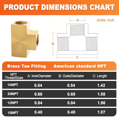 Image of GASHER 1 Pcs Brass Barstock Tee, 3 /8 inch x 3 /8 inch x 3 /8 inch NPT Female Pipe Fittings