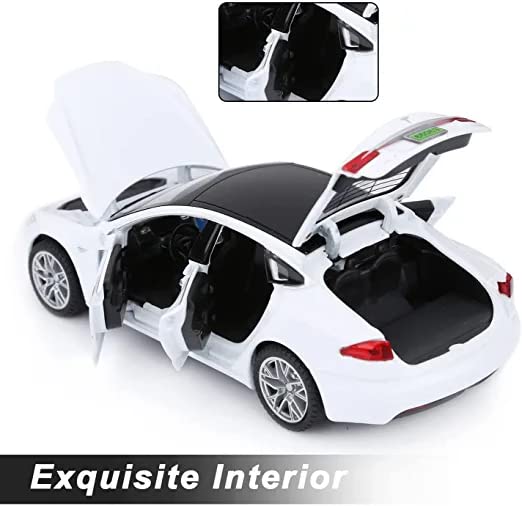 Image of DEOXY 1:32 Scale Tesla Model S Die-Cast Toy Car - White Electric Car Model with Openable Doors, Hood & Trunk, Pull Back Action, Light & Sound Effects - Metal Body for Kids (White)