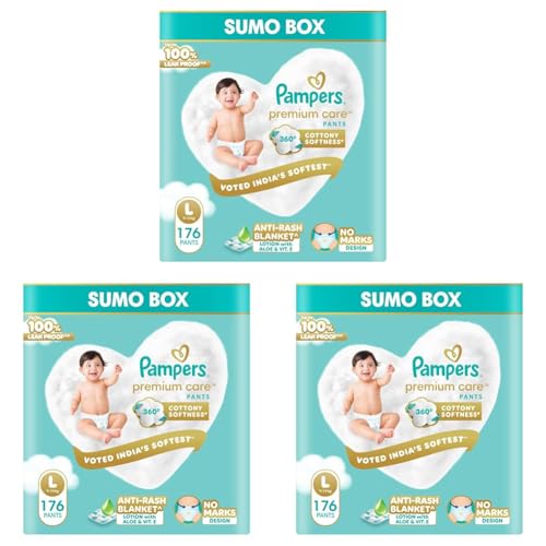 Image of Pampers Premium Care Pant Style Baby Diapers L 176 Count | No Marks Design | Voted India's #1 Softest Diaper | All in 1 diaper with 360 Cottony Softness (Pack of 3)