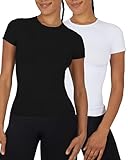 Yogalicious Skin Short Sleeve Top Fitted Contour 2 Pack Gym Shirt for Women - Black/White - Medium