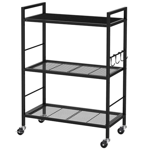 3-Tier Metal Storage Rack with Industrial Wheels,Mesh Shelving Unit with Wooden Table top,Adjustable Shelf,23.6-Inch Width,for Kitchen,Laundry,Pantry,Plant,Black panel and black frame