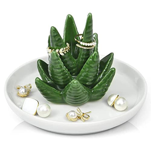 LIFKOME Keramik Ringhalter Kaktus Schmuckschale Sukkulenten Schmuckturm Aufbewahrung Für Ringe Ohrringe Und Halsketten Wohnkultur Accessoire 5.12X5.12X4.13In