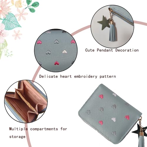 StillvollMao Coin Purse, PU Leather Change Purse Small Wallet for Women Credit Card ID Card Holder with Heart Embroidered patterns and Cute Pendant (Blue)3