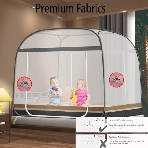 Image of CMINGJ Mosquito Net for Bed, Portable pop up Mosquito Netting with Bottom, Free Installation-Suitable for Bedroom, Camping, Folding Portable Design for Baby Adults (Gray & Gray Bottom Edge)