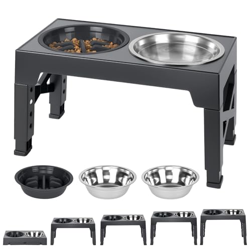 AUYAO Comedero Perro Elevado, con 2 Cuencos de Acero Inoxidable y 1 Bebederoo, Ajustable de 5 Alturas, Recipiente para Perros Pequeños, Medianos y Grandes