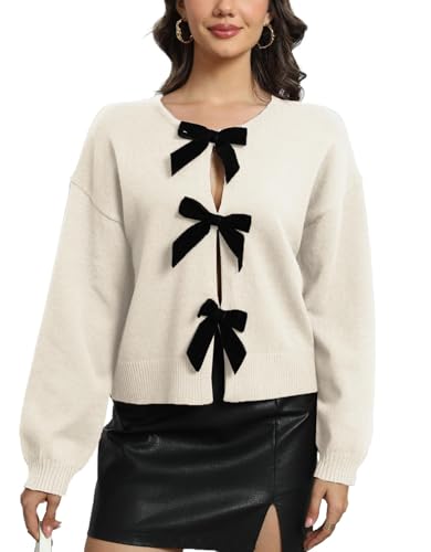 Ladyful Bow Cardigan sweaters for women Fall Trendy Long Sleeve Open Front Knit Sweater Outerwear Coats