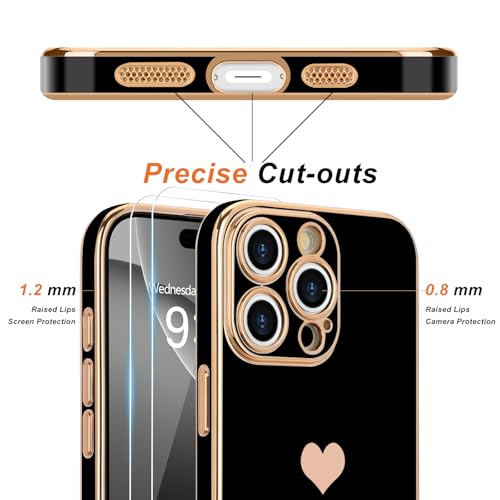 Teageo for iPhone 16 Pro Case with Screen Protector [2 Pack] Girl Women Cute Girly Love-Heart Luxury Gold Soft Cover Camera Protection Shockproof Phone Case for iPhone 16 Pro, Black by Teageo - Image 2