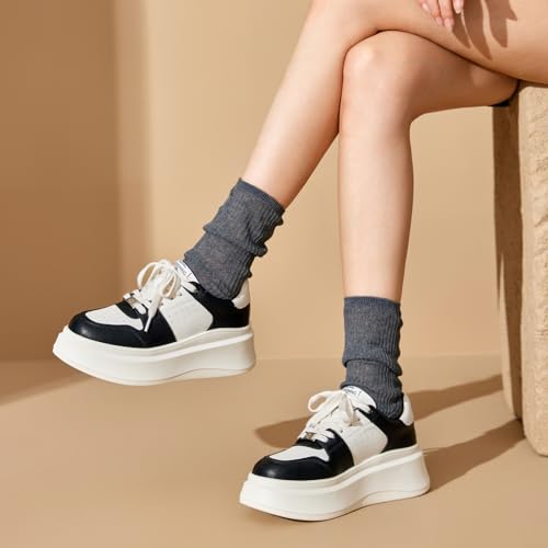 Image of BEAU TODAY Platform White Sneakers for Women,Leather Casual Tennis Shoes