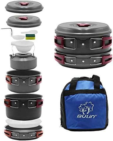 Bulin 13 PCS Camp Cookware Set Camping Cookwear Lightweight Aluminum Cookware Set Backpacking Cooking Set Mess Kit for Camping Family Hiking Camping Pots and Pans Set
