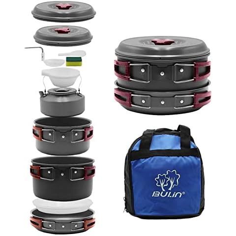 Bulin Camping Cookware Mess Kit, Nonstick Backpacking Cooking Set, Outdoor Cook Gear for Family Hiking, Picnic| Lightweight Cookware Sets(Kettle, Pots, Frying Pan, BPA-Free Bowls, Plates, Spoon) Cover